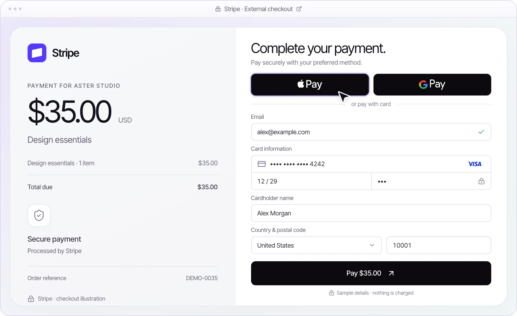 NexaPay checkout for a $35.00 payment with Apple Pay, Google Pay and card fields