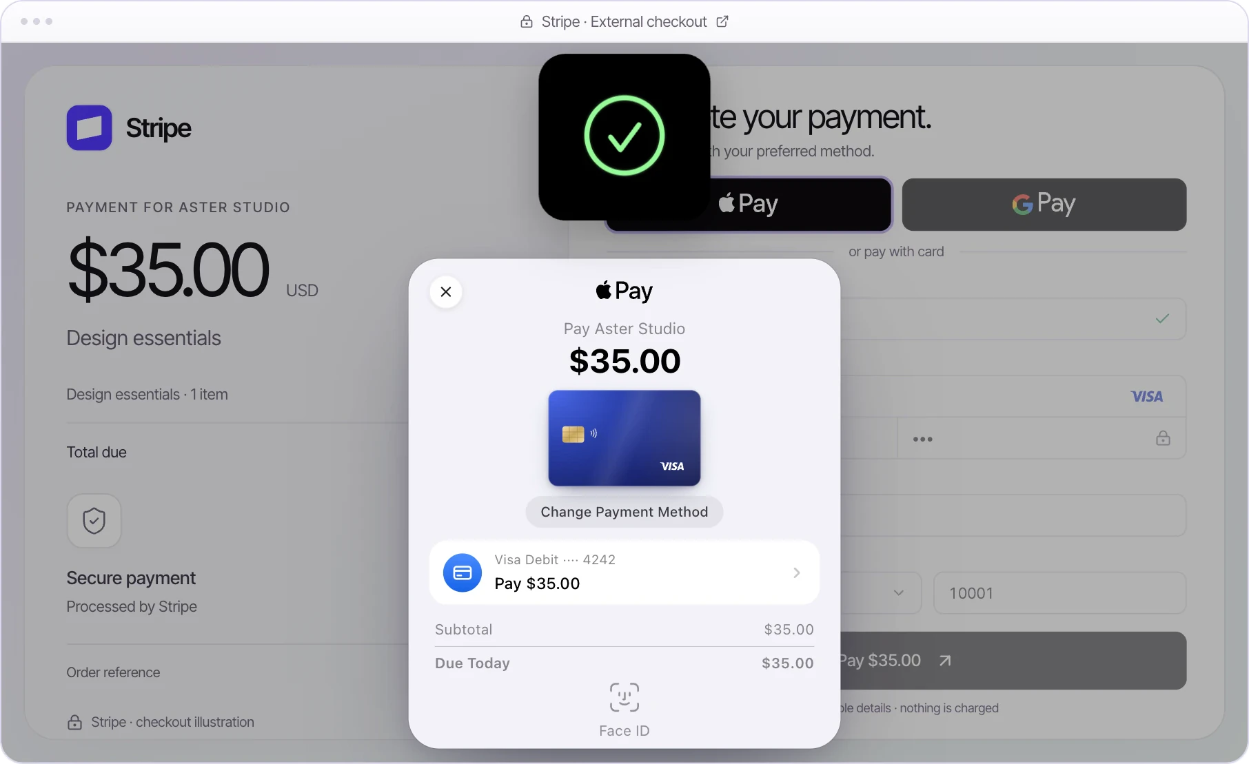 NexaPay checkout with the Apple Pay sheet confirming $35.00 with Face ID