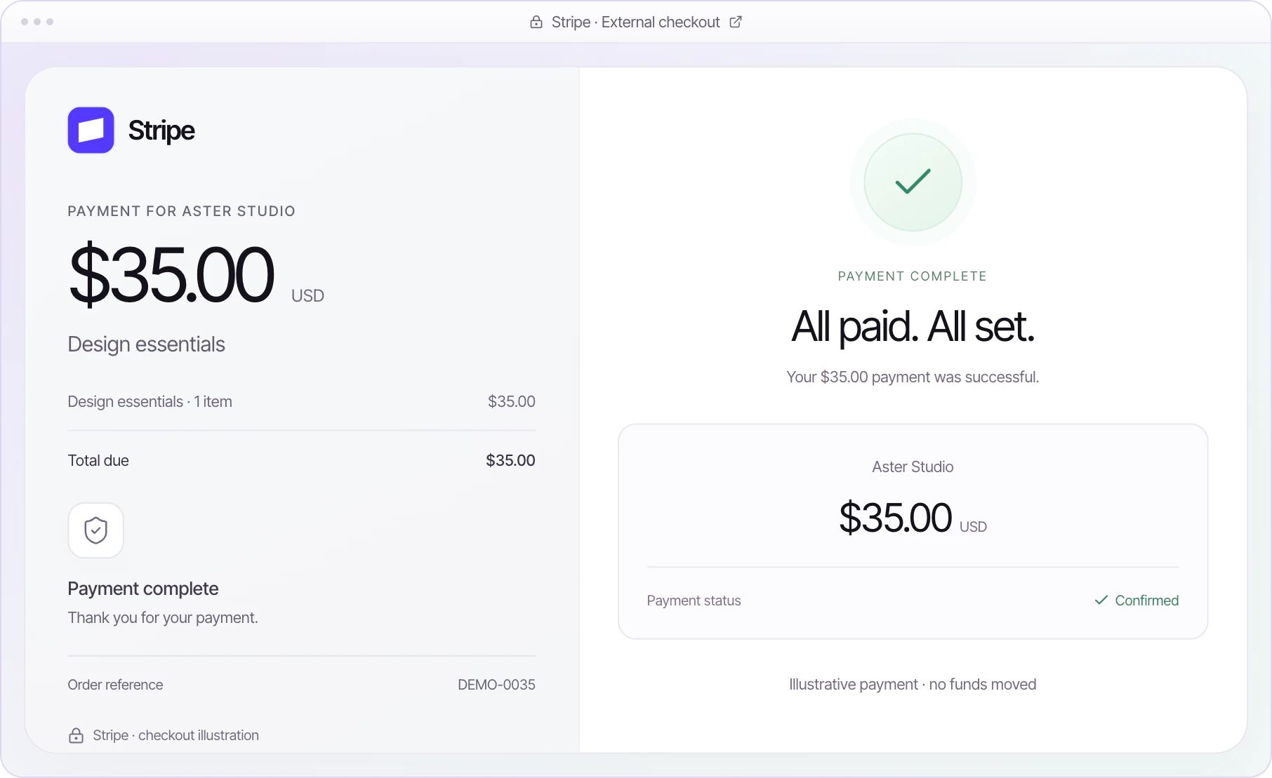 NexaPay checkout showing the $35.00 payment complete and confirmed