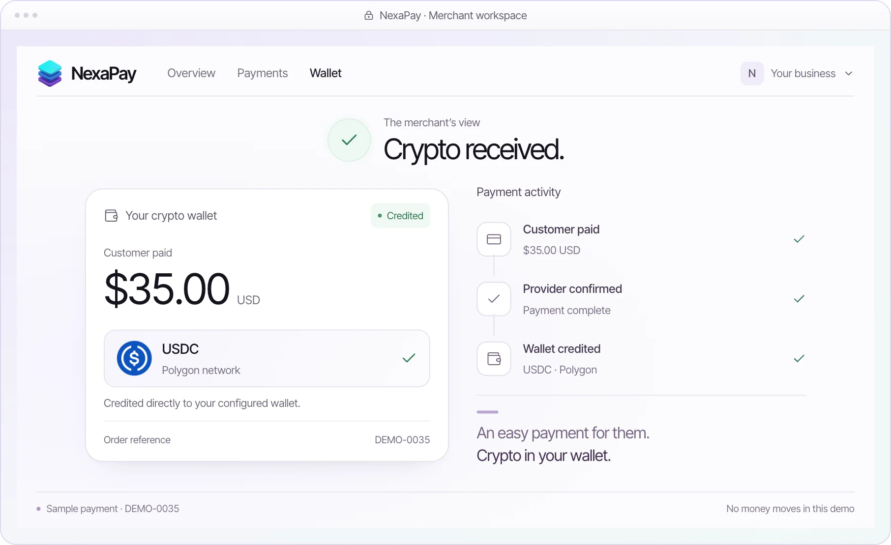 NexaPay merchant workspace showing $35.00 received as USDC on Polygon